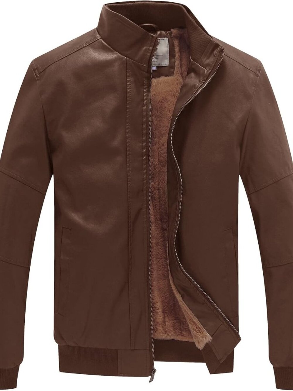 Men's Stand Collar Fleece Lined Faux Leather Jacket Warm Winter Coat
